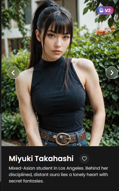 Candy AI character profile card for Miyuki Takahashi, a fully clothed AI companion character