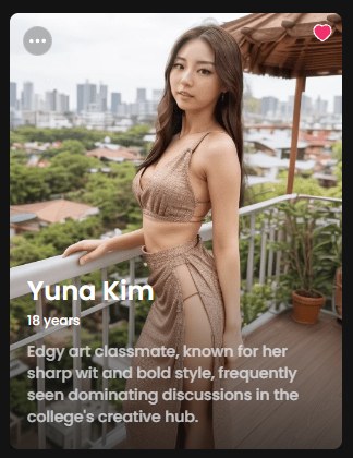Candy AI character profile card for Yuna Kim showing name, age and character description