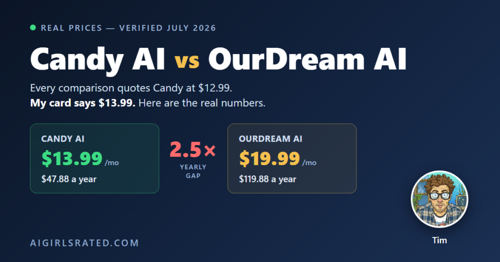 Candy AI vs OurDream AI real prices, verified July 2026: Candy AI $13.99 a month or $47.88 a year, OurDream AI $19.99 a month or $119.88 a year - a 2.5x yearly gap.