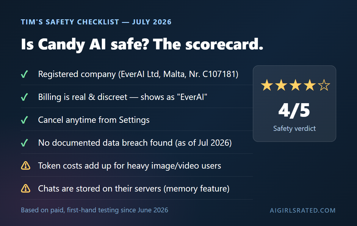 Candy AI safety scorecard: registered company, discreet billing, cancel anytime, no documented breach; token costs and stored chats as trade-offs. Verdict 4 out of 5.