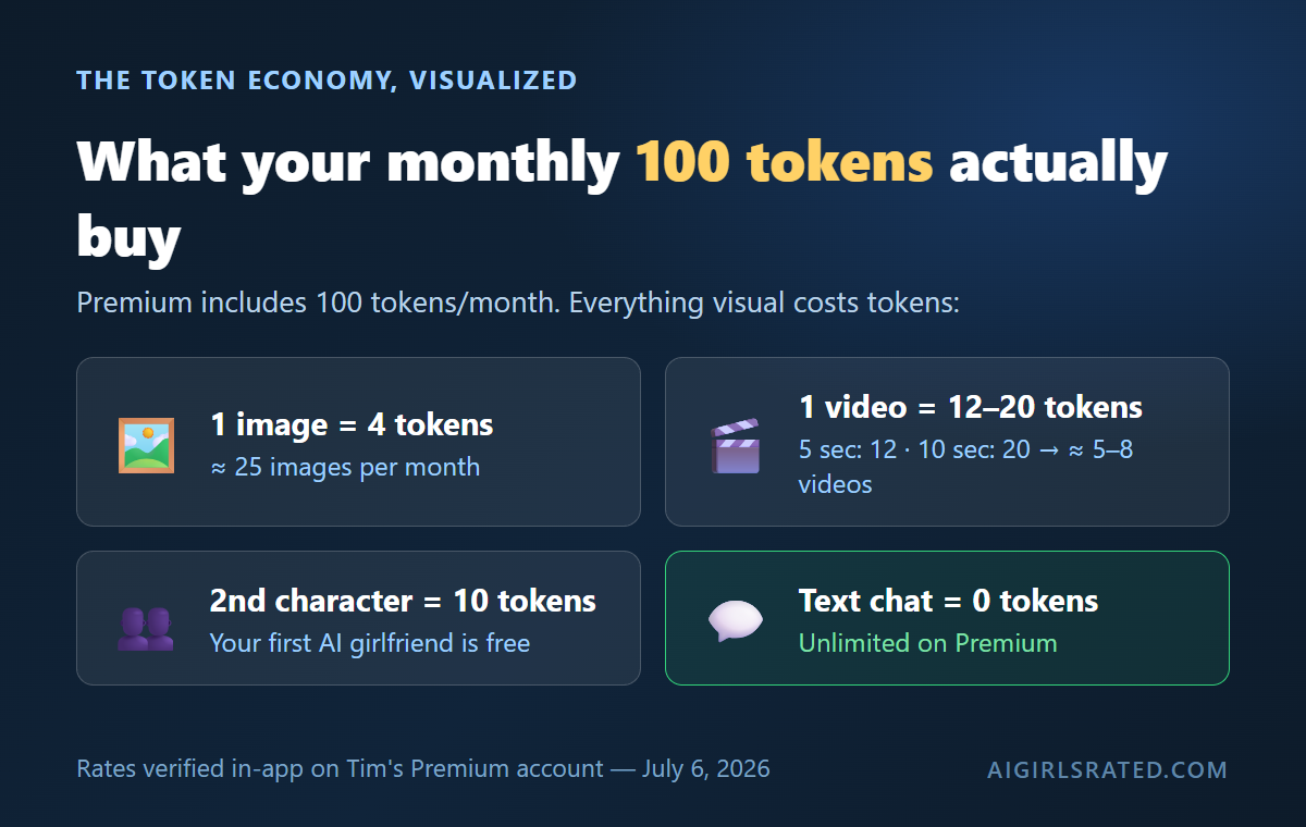 What your monthly 100 tokens buy on Candy AI: 1 image is 4 tokens, 1 video is 12 to 20 tokens, a second character is 10 tokens, and text chat is free.
