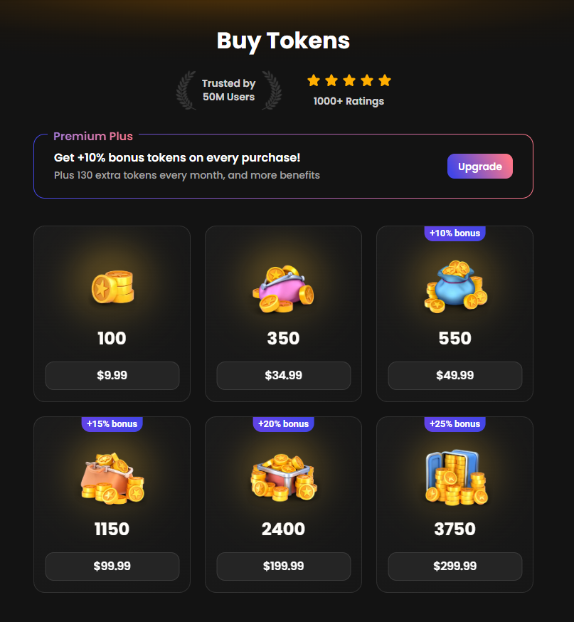 Candy AI Buy Tokens screen showing six top-up packs, from 100 tokens for $9.99 up to 3,750 tokens for $299.99, with bonus tiers on the larger packs.