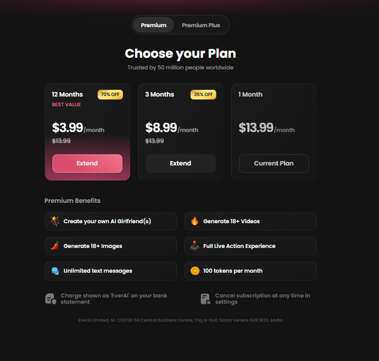 Candy AI's plan screen in English on July 30, 2026: $13.99 for one month, $8.99 a month for three months, and $3.99 a month for twelve months.