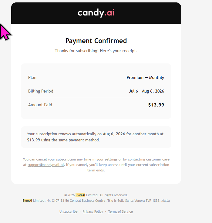 Candy AI payment receipt: Premium monthly plan, billing period July 6 to August 6, 2026, amount paid $13.99, renewing automatically at the same price.