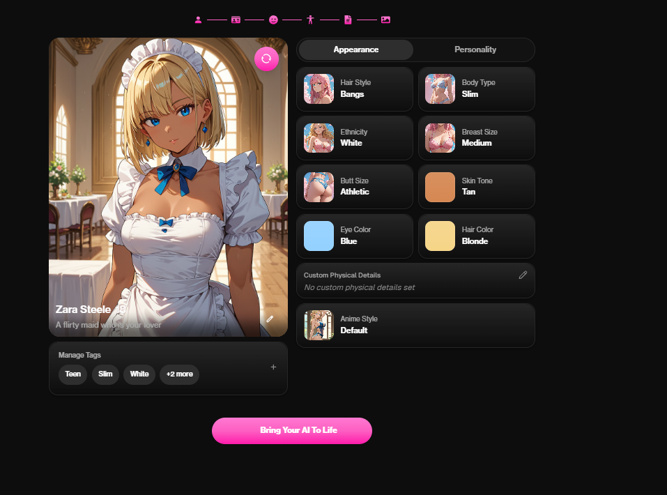 OurDream AI character appearance settings on a free account: hair style, body type, ethnicity, skin tone, eye colour and anime style.