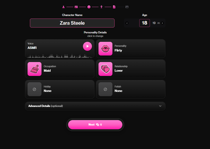 OurDream AI character creator on a free account, with the Next button showing a cost of 5 dreamcoins.