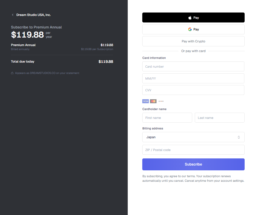 OurDream AI checkout page: Premium Annual for $119.88 per year, operated by Dream Studio USA, Inc., appearing as DREAMSTUDIOS.CO on your bank statement.