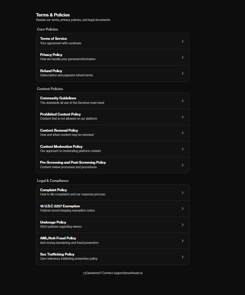 OurDream AI's Terms and Policies page, listing a Terms of Service, Privacy Policy and Refund Policy alongside its content and compliance policies.