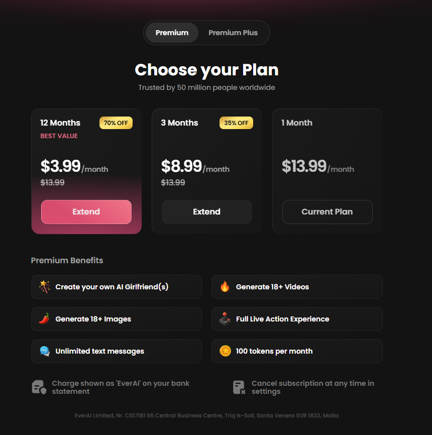 Candy AI plan screen in English: 13.99 dollars for 1 month, 8.99 for 3 months, 3.99 for 12 months, with EverAI billing and cancel-anytime notices.
