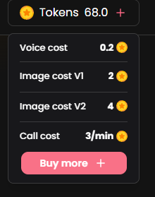 Candy AI in-chat token costs: voice message 0.2 tokens, image V1 2 tokens, image V2 4 tokens, and voice calls 3 tokens per minute.